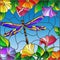 Stained glass illustration with bright dragonfly against the sky, foliage and flowers