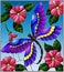 Stained glass illustration with bright dragonfly against the sky, foliage and pink flowers