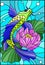 Stained glass illustration with a bright fish and a flower of a lotus against water and vials of air