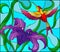 Stained glass illustration with bright Hummingbird against the sky, foliage and flower of purple Lily