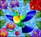 Stained glass illustration with a bright Hummingbird bird on the background of the sky and flowers of orchids and hibiscus