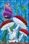 Stained glass illustration with bright mushrooms, grass and a butterfly on a blue background, rectangular image