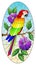 Stained glass illustration with  a bright parrot on a background of flowers and blue sky, oval image