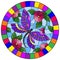 Stained glass illustration with a bright pink flowera and purple dragonfly on a blue background, round image in bright frame