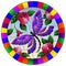 Stained glass illustration  with a bright pink flowera and purple dragonfly on a sky background, round image in bright frame