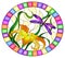 Stained glass illustration with  bright purple dragonfly against the sky, foliage and flower of  orange Lily, oval image in bright