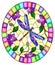 Stained glass illustration with  bright purple dragonfly , foliage and purple flowers,oval image in bright frame