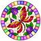 Stained glass illustration with  a bright purple flowers and pink dragonfly on a yellow background, round image in bright frame