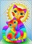 Stained glass illustration with  a bright rainbow cat and kitten on the background of an abstract geometric sky and sun, rectangul