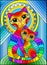 Stained glass illustration with a bright rainbow cat and kitten on the background of an abstract geometric sky and sun, rectangula
