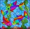 Stained glass illustration with bright rainbow fish on the background of water, bottom and algae