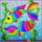 Stained glass illustration with bright rainbow fish on the background of water, bottom and algae