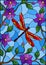 Stained glass illustration with bright red dragonfly against the sky, foliage and purple flowers