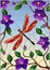 Stained glass illustration with bright red dragonfly against the sky, foliage and purple flowers