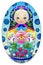 Stained glass illustration with a bright Russian doll on a blue background, oval image