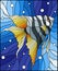 Stained glass illustration with bright scalar fish on the background of water and air bubbles