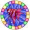 Stained glass illustration with bright scalar fish on the background of water and air bubbles, round image in frame