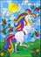 Stained glass illustration with  a bright unicorn on the background of Apple trees, cloudy sky and sun