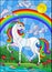 Stained glass illustration with  bright unicorn on the background of a stream, cloudy sky with rainbow and sun