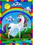 Stained glass illustration with  bright unicorn on the background of a stream, cloudy sky with rainbow and sun,in bright frame