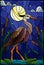 Stained glass illustration with brown heron , reeds on a pond in the moon, starry sky and clouds