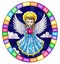 Stained glass illustration with  cartoon  angel in bblue dress with heart in hands against the cloudy night sky,round image in bri