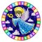 Stained glass illustration with  cartoon  angel in blue dress playing the horn against the cloudy sky,round image in bright frame