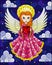 Stained glass illustration with cartoon  angel in pink dress with heart in hands against the cloudy sky with stars