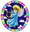 Stained glass illustration with  cartoon in blue dress angel playing the harp against the cloudy night sky, round image in bright