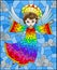 Stained glass illustration with cartoon rainbow angel against the cloudy sky
