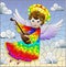 Stained glass illustration with cartoon rainbow angel playing the lute against the cloudy sky