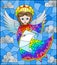 Stained glass illustration with cartoon rainbow angel with scroll in hands against the cloudy sky