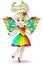 Stained glass illustration with a cartoon winged fairy in a bright dress, isolated on a white background