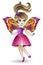 Stained glass illustration with a cartoon winged fairy in a bright dress, isolated on a white background