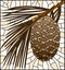 Stained glass illustration with  cedar cone on a branch on a light background, tone brown