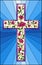 Stained glass illustration with Christian cross decorated with pink roses on blue background