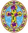 Stained glass illustration with  Christian cross decorated with  purple flowers on blue background, oval image in floral frame