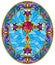 Stained glass illustration with  Christian cross decorated with  purple flowers on blue background, oval image in floral frame