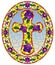 Stained glass illustration with  Christian cross decorated with  purple flowers on blue background, oval image in floral frame