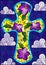 Stained glass illustration with Christian cross decorated with purple flowers on blue sky background with clouds