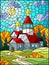 Stained glass illustration with Church on the background of autumn landscape, a Church on the background of the Sunny sky and autu