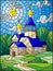 Stained glass illustration with Church on the background of summer landscape, a Church on the background of the Sunny sky and gre