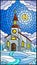 Stained glass illustration with Church on the background of winter landscape, a Church on the background of the Sunny sky and snow