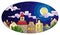 Stained glass illustration with city roofs against the night sky, oval image