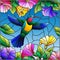 Stained glass illustration with colorful Hummingbird on background of the sky ,greenery and flowers