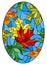 Stained glass illustration with  colorful maple leaves  trees on a blue background, oval image