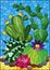Stained glass illustration with a composition of cacti, plants against the background of the desert and the blue sky