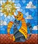 Stained glass illustration with A couple of cats sitting on the roof against the cloudy sky and the sun