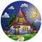 Stained glass illustration with a cozy rustic house on the background of fir trees  cloudy sky and moon  round image