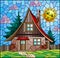 Stained glass illustration with  a cozy rustic house on the background of fir trees, cloudy sky and sun